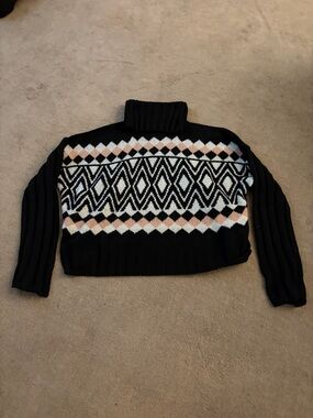 SO Black Turtleneck Sweater with White and Peach Geometric Knit